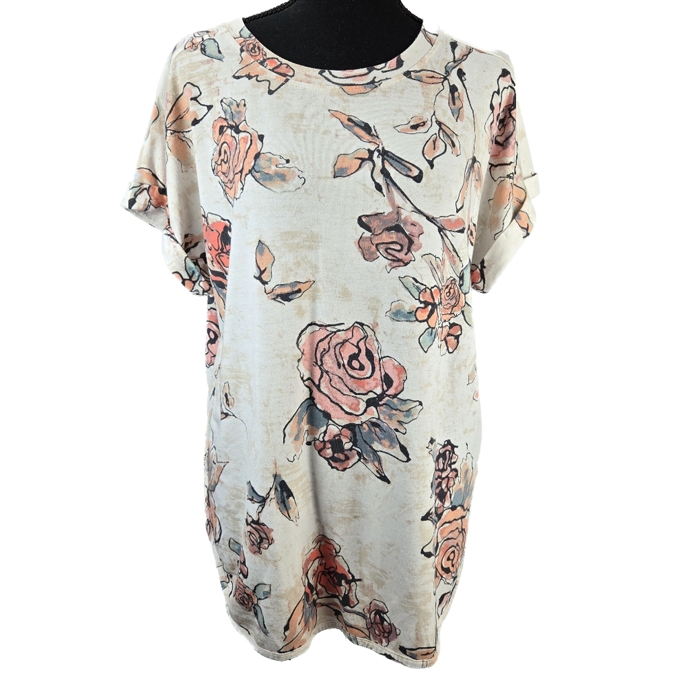 🔥 (5for$35) CUPIO ShortSleeve Floral Tunic Blouse Earth tone colors size Large